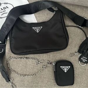 Prada logo Black Nylon Shoulder Bag with Accessories